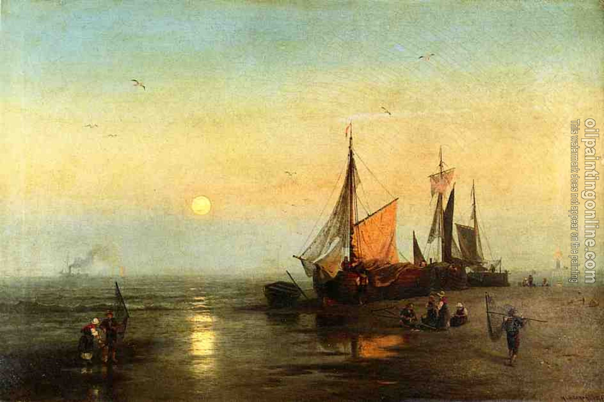 Herman Herzog - Moonlit Fishing Scene